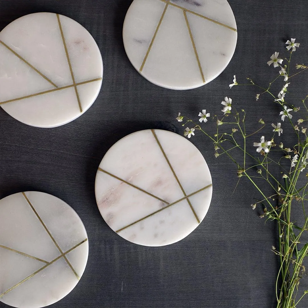 Decorative Round Marble and Brass Coasters White- Set Of 4