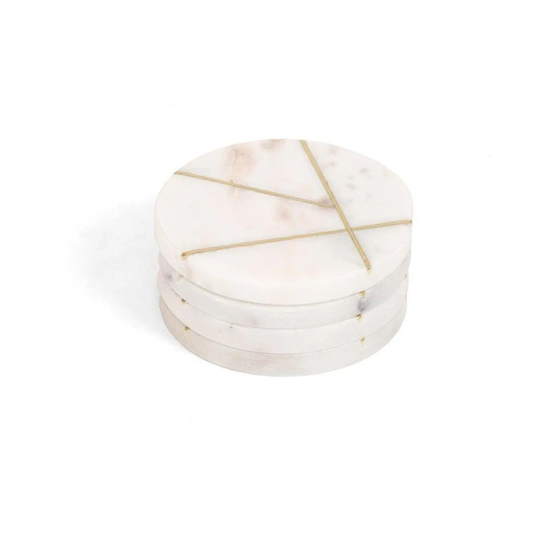 Decorative Round Marble and Brass Coasters White- Set Of 4