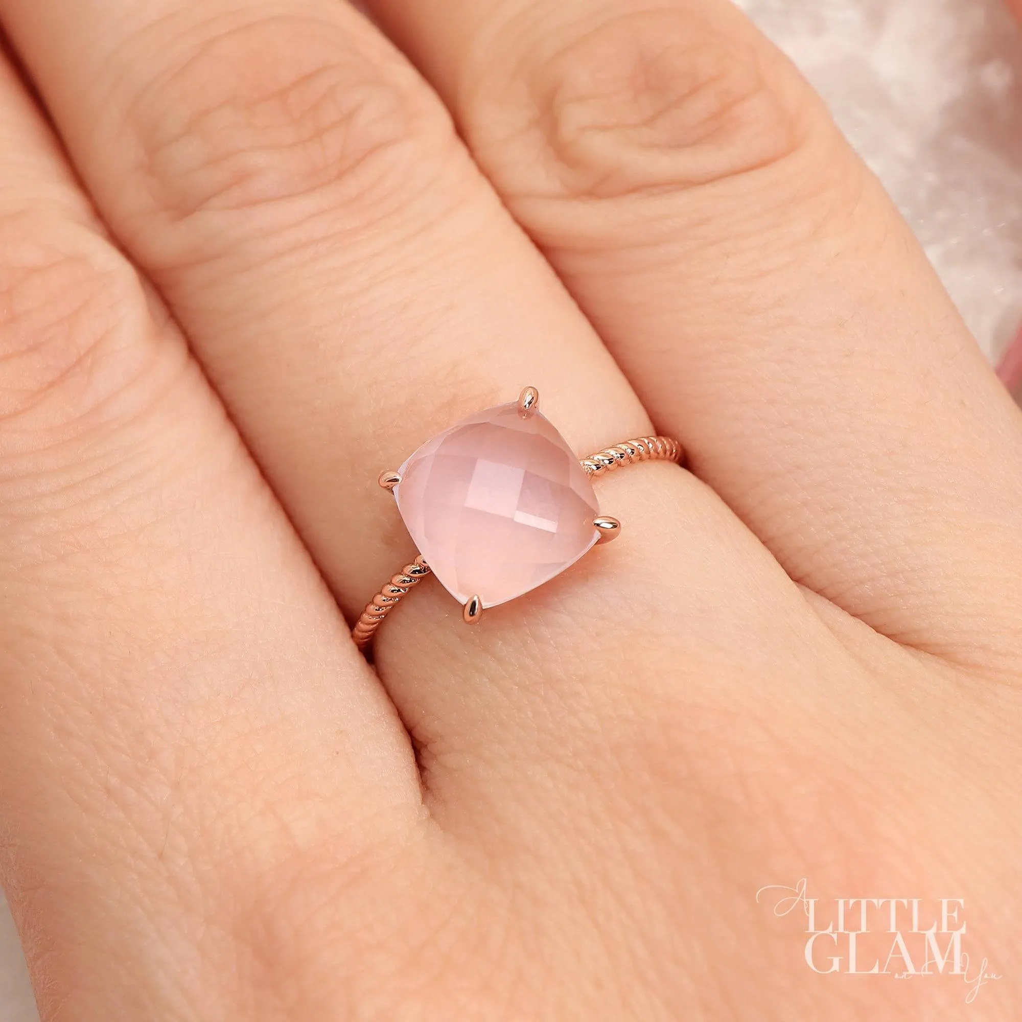 Delicate Cushion Rose Quartz Ring
