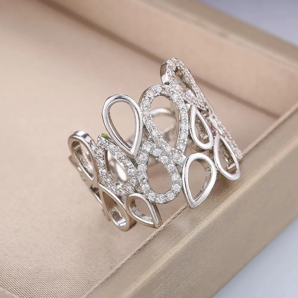Delicate Hollow Out Water Drop Shape AAA Zircon Ring