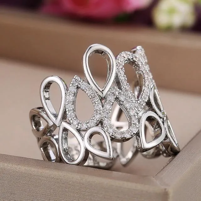 Delicate Hollow Out Water Drop Shape AAA Zircon Ring
