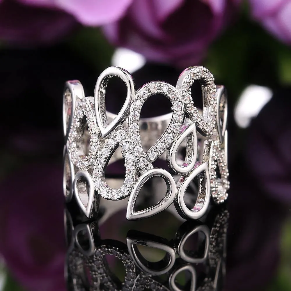 Delicate Hollow Out Water Drop Shape AAA Zircon Ring