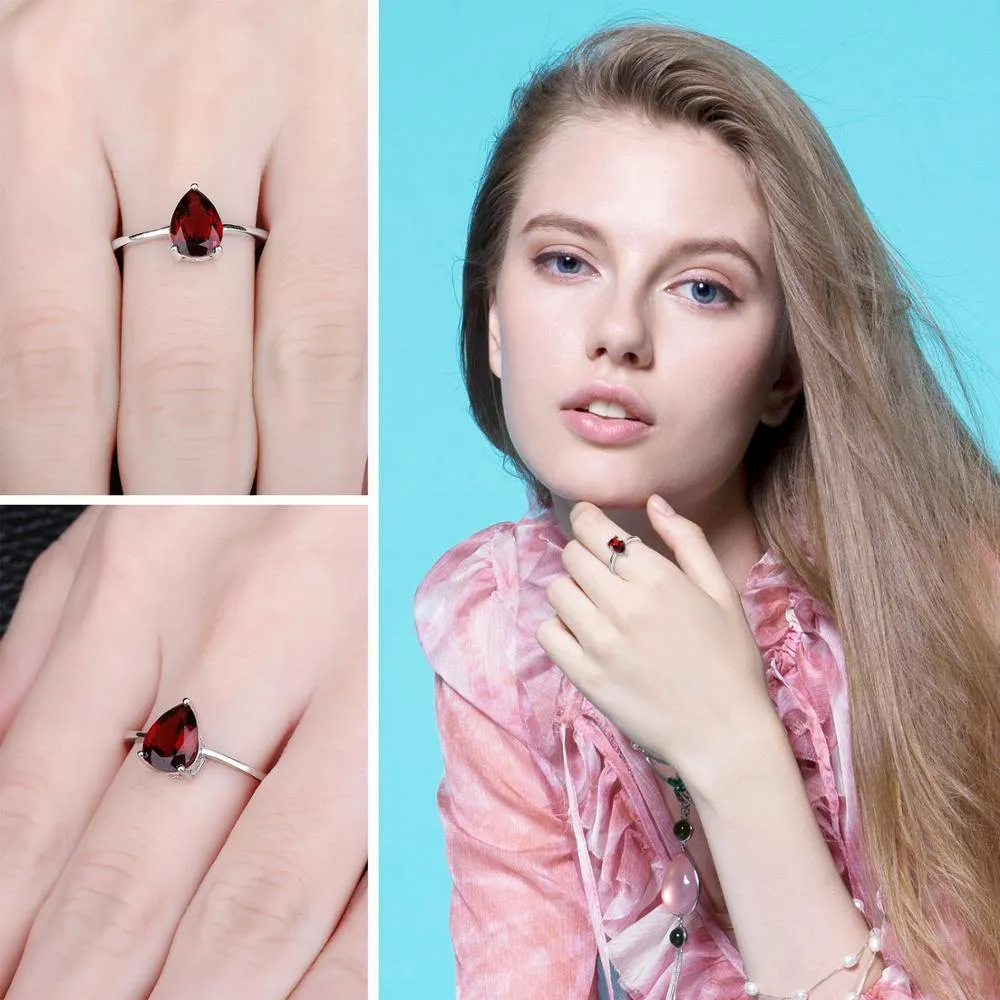 Delicate Natural Garnet Solitaire Silver Gemstone Ring