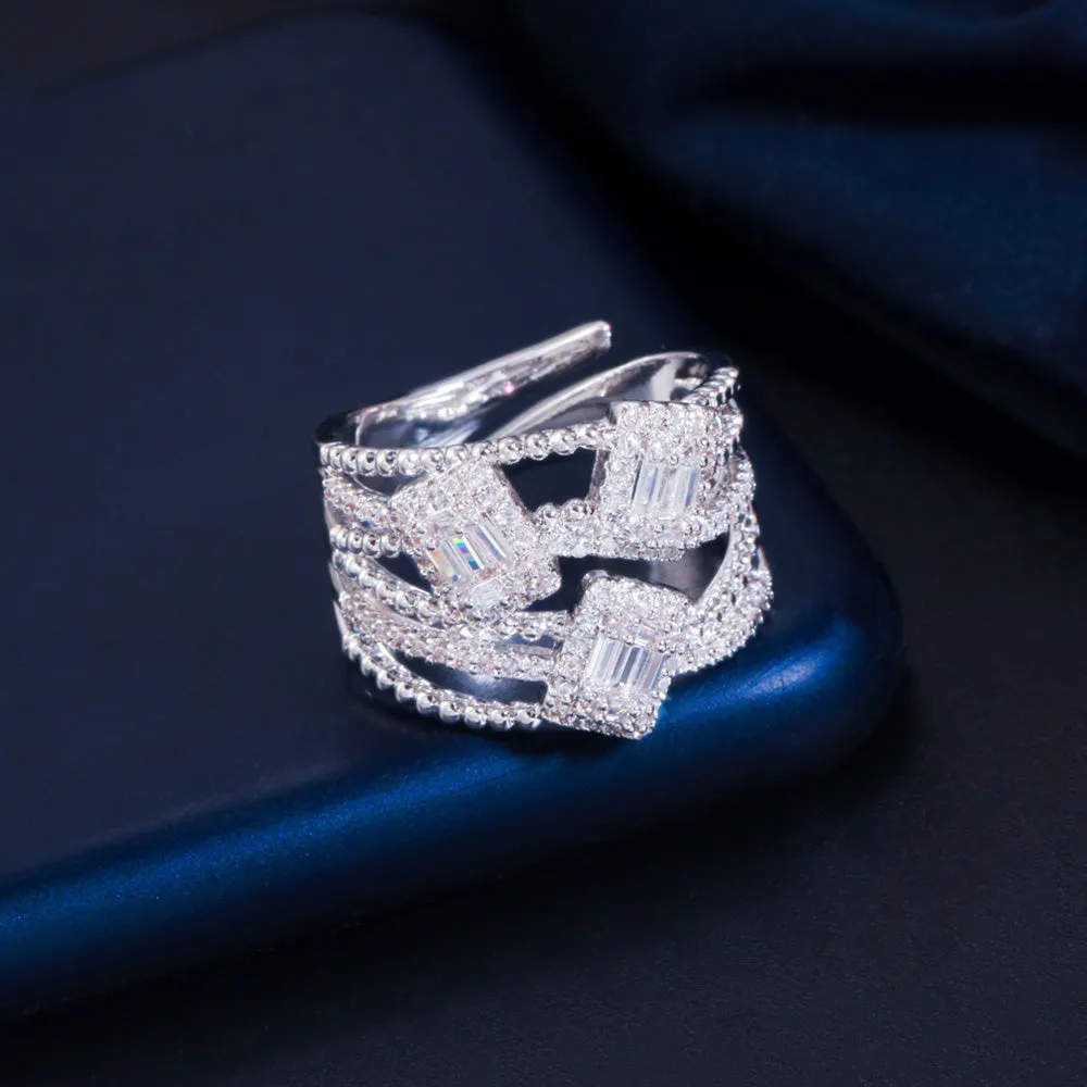 Delicate Sparkling CZ Zircon Gold Color Rectangle Adjustable Open Cuff Rings
