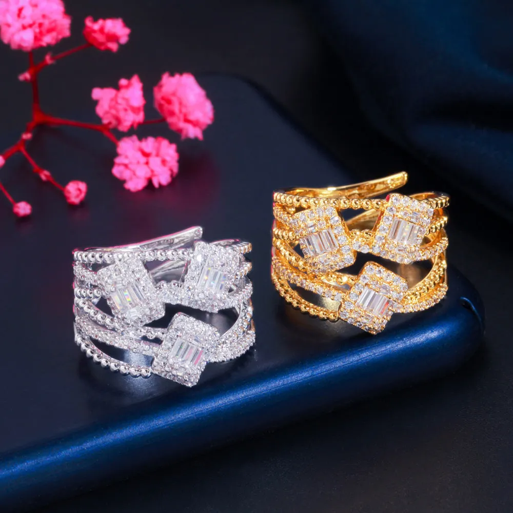 Delicate Sparkling CZ Zircon Gold Color Rectangle Adjustable Open Cuff Rings