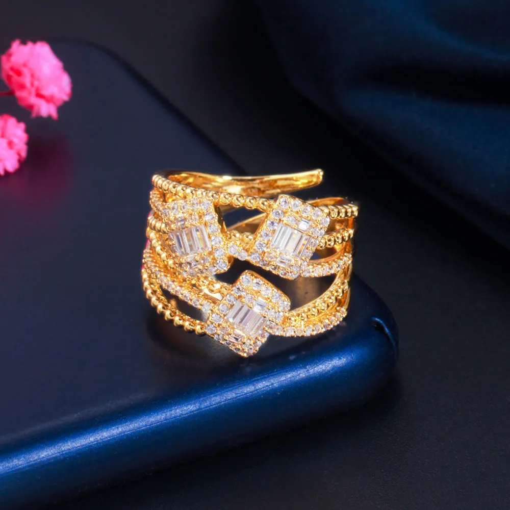 Delicate Sparkling CZ Zircon Gold Color Rectangle Adjustable Open Cuff Rings