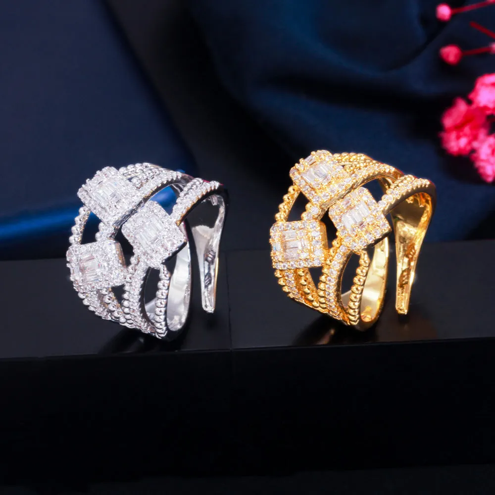 Delicate Sparkling CZ Zircon Gold Color Rectangle Adjustable Open Cuff Rings