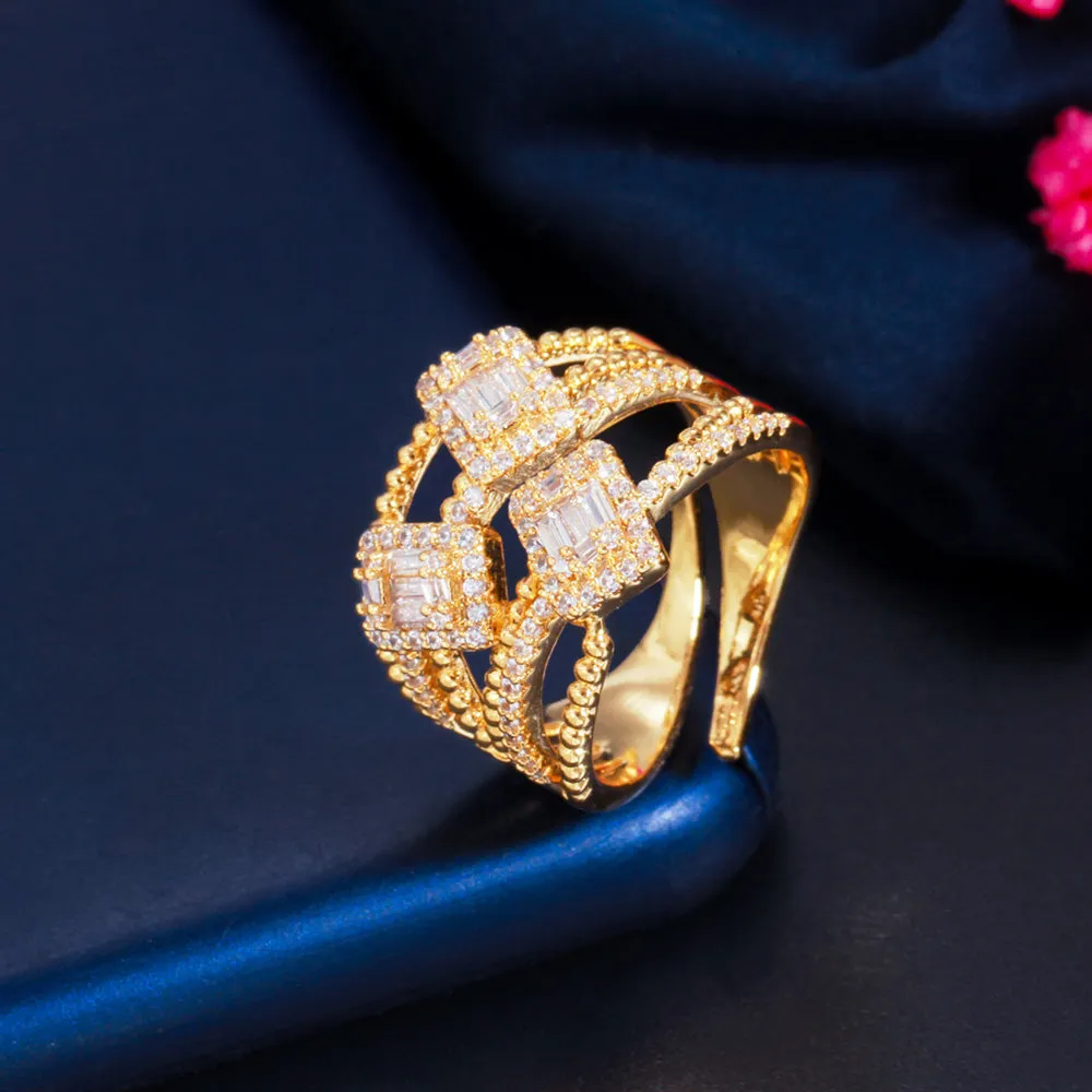 Delicate Sparkling CZ Zircon Gold Color Rectangle Adjustable Open Cuff Rings