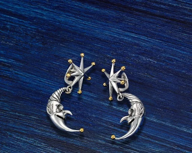 Designer Sterling Silver 22k Gilded Whimsical Star Moon Mihail Chemiakin Drop Earrings