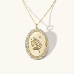 Diamond Halo Palm Leaf Token Necklace