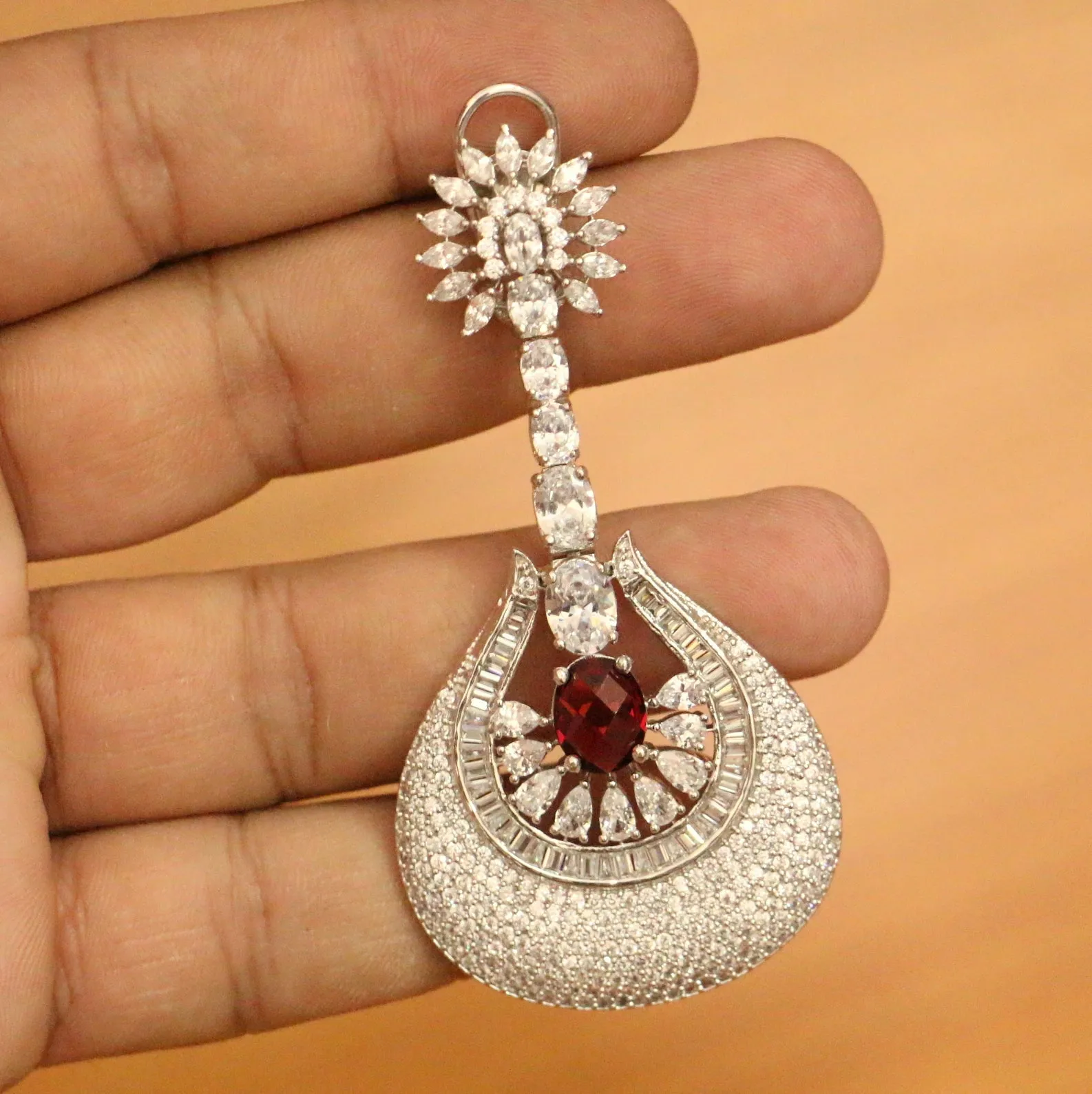DIAMOND LOOK SILVER PLATED RUBY DANGLERS