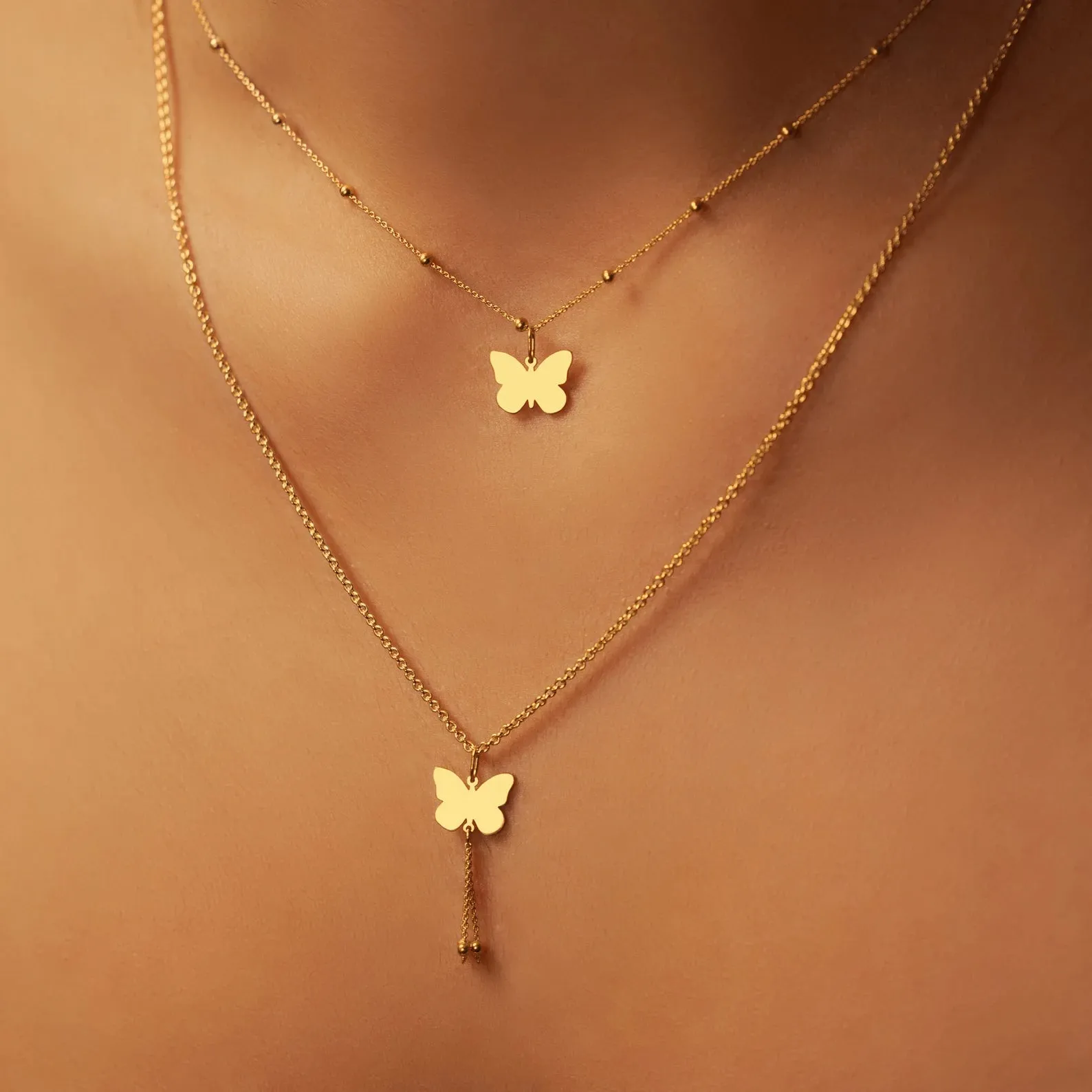 Double Chain Butterfly Pendant Necklace