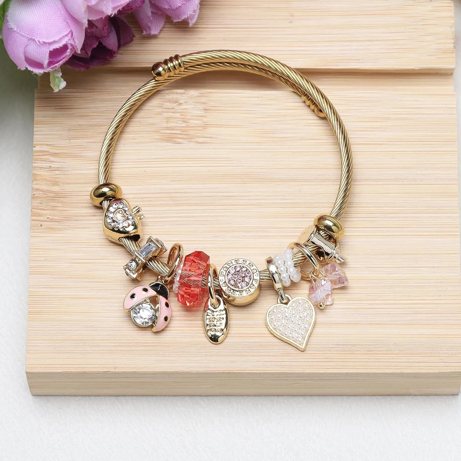 DS Charm Bracelets for girls,exquisite cute cartoon gold friendship bracelets Stainless Steel Bangle with birthday Gift box, Adjustable girls jewelry Suitable for holiday gifts