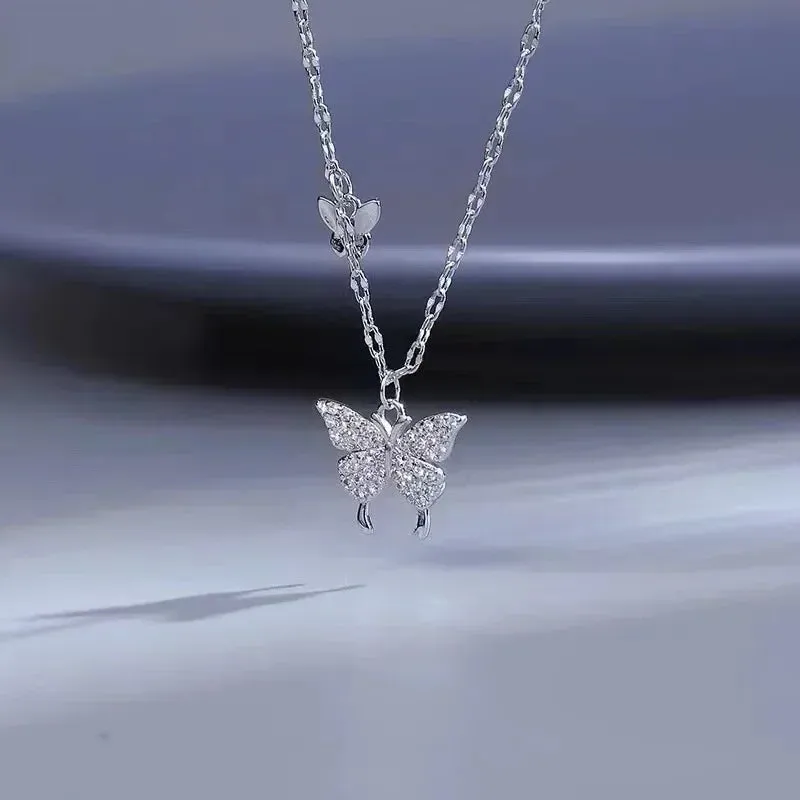 Elegant Butterfly 925 Sterling Silver Crystals Pendant Necklaces for Women Girls Chain Jewelry Accessories