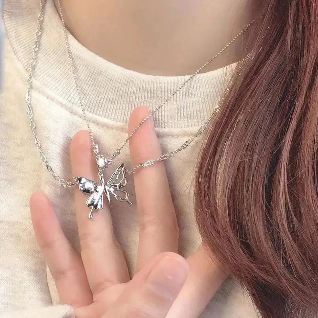 Elegant Butterfly 925 Sterling Silver Crystals Pendant Necklaces for Women Girls Chain Jewelry Accessories