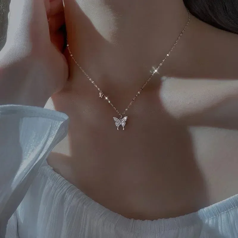 Elegant Butterfly 925 Sterling Silver Crystals Pendant Necklaces for Women Girls Chain Jewelry Accessories