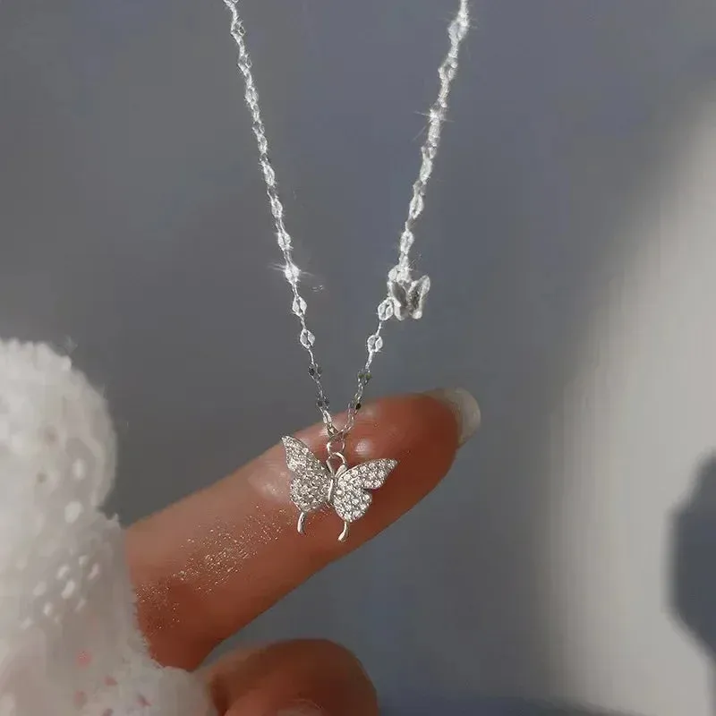 Elegant Butterfly 925 Sterling Silver Crystals Pendant Necklaces for Women Girls Chain Jewelry Accessories