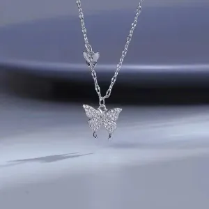 Elegant Butterfly 925 Sterling Silver Crystals Pendant Necklaces for Women Girls Chain Jewelry Accessories