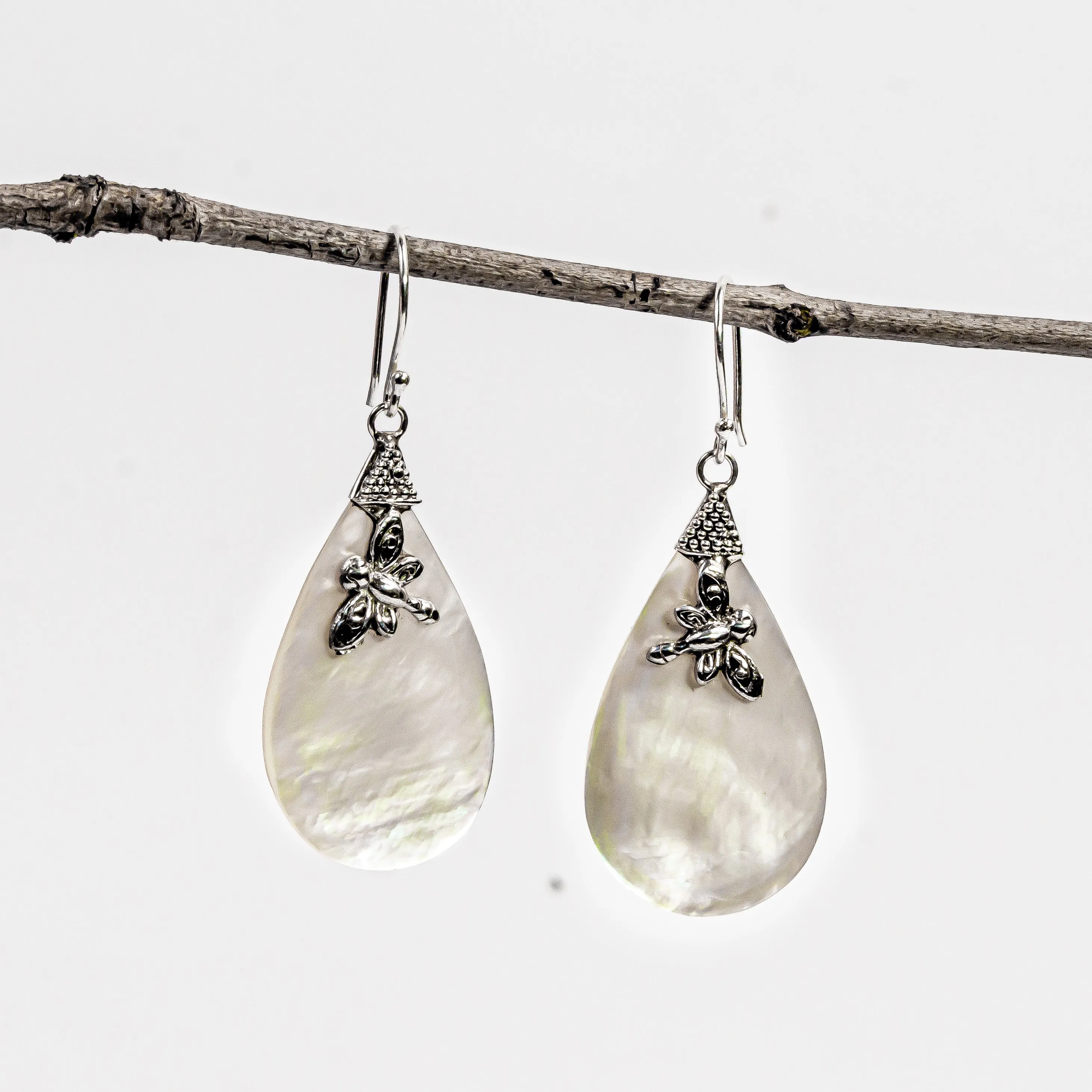 Enchanting Bali Handmade Pear Mother of Pearl Dragonfly earrings in sterling silver