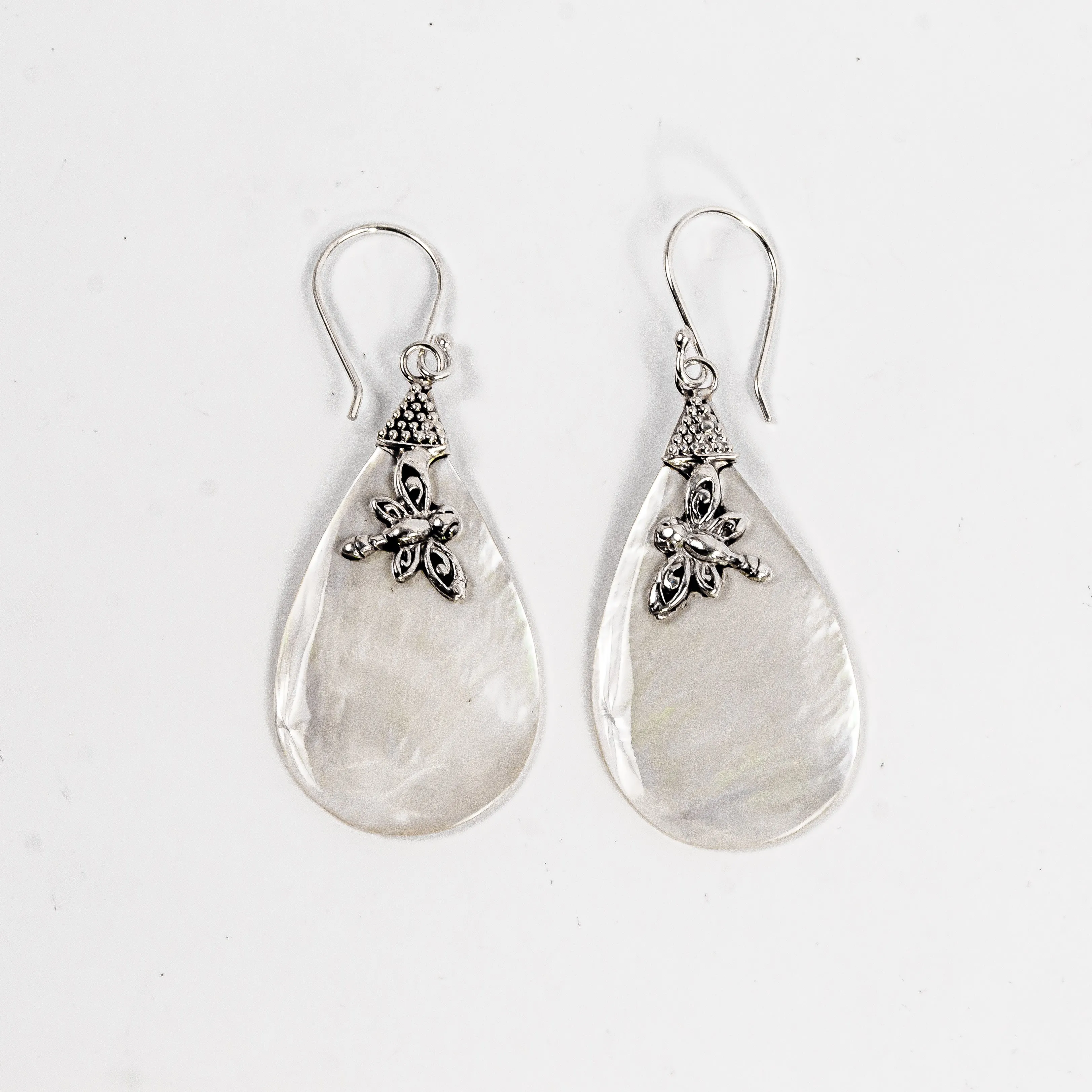 Enchanting Bali Handmade Pear Mother of Pearl Dragonfly earrings in sterling silver