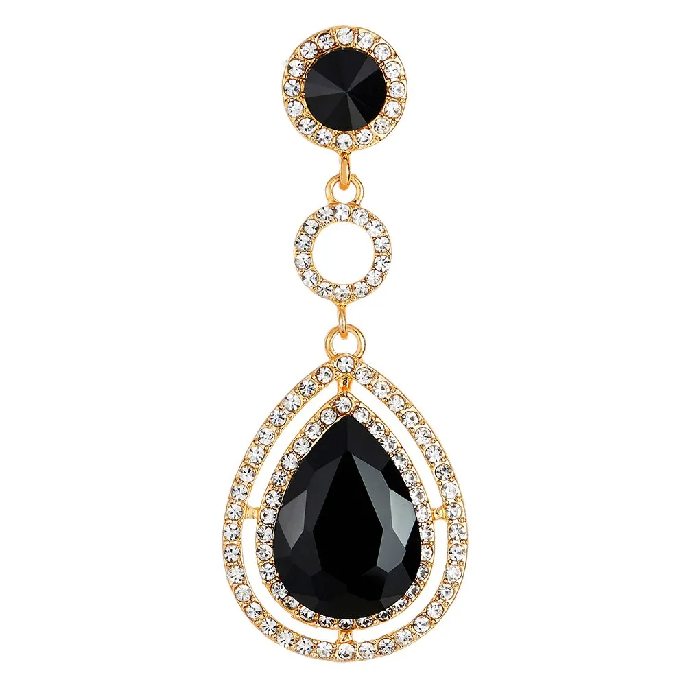 Event Banquet Prom Party Rhinestone Black Crystal Teardrop Dangle Drop Large Gold Statement Earrings