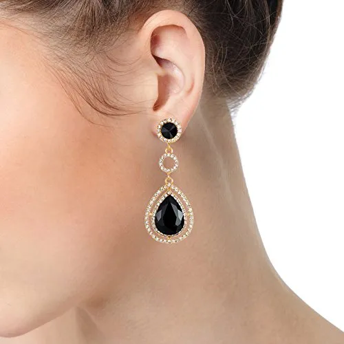 Event Banquet Prom Party Rhinestone Black Crystal Teardrop Dangle Drop Large Gold Statement Earrings
