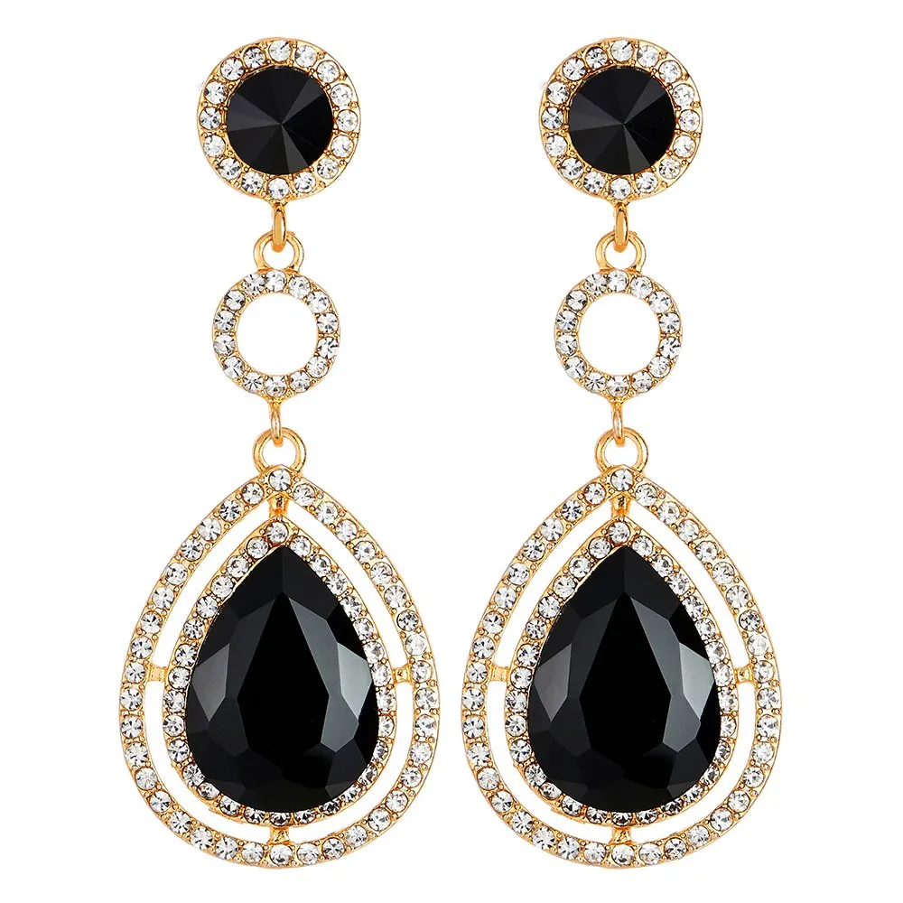 Event Banquet Prom Party Rhinestone Black Crystal Teardrop Dangle Drop Large Gold Statement Earrings