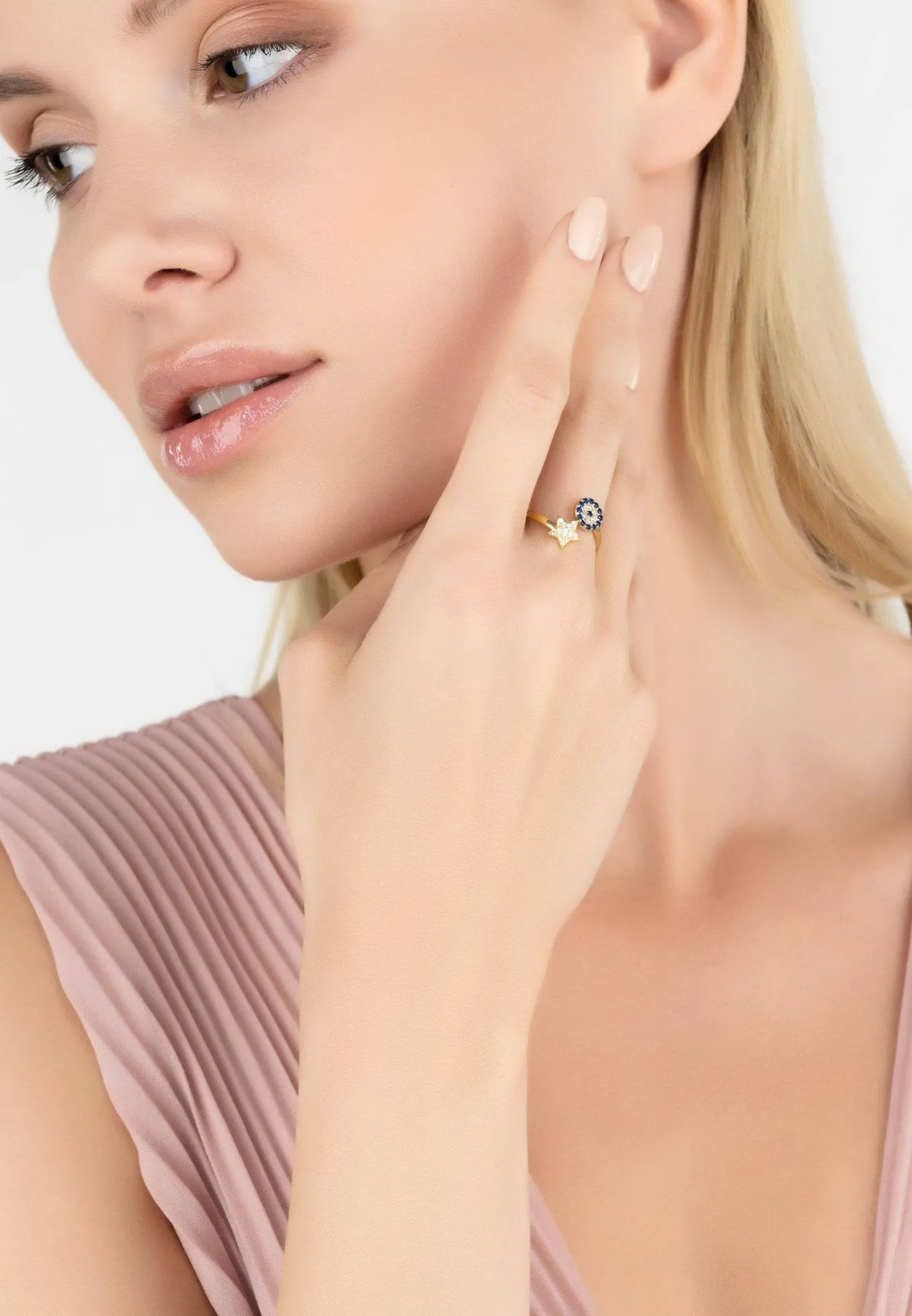 Evil Eye & Star Ring in Gold Zircon