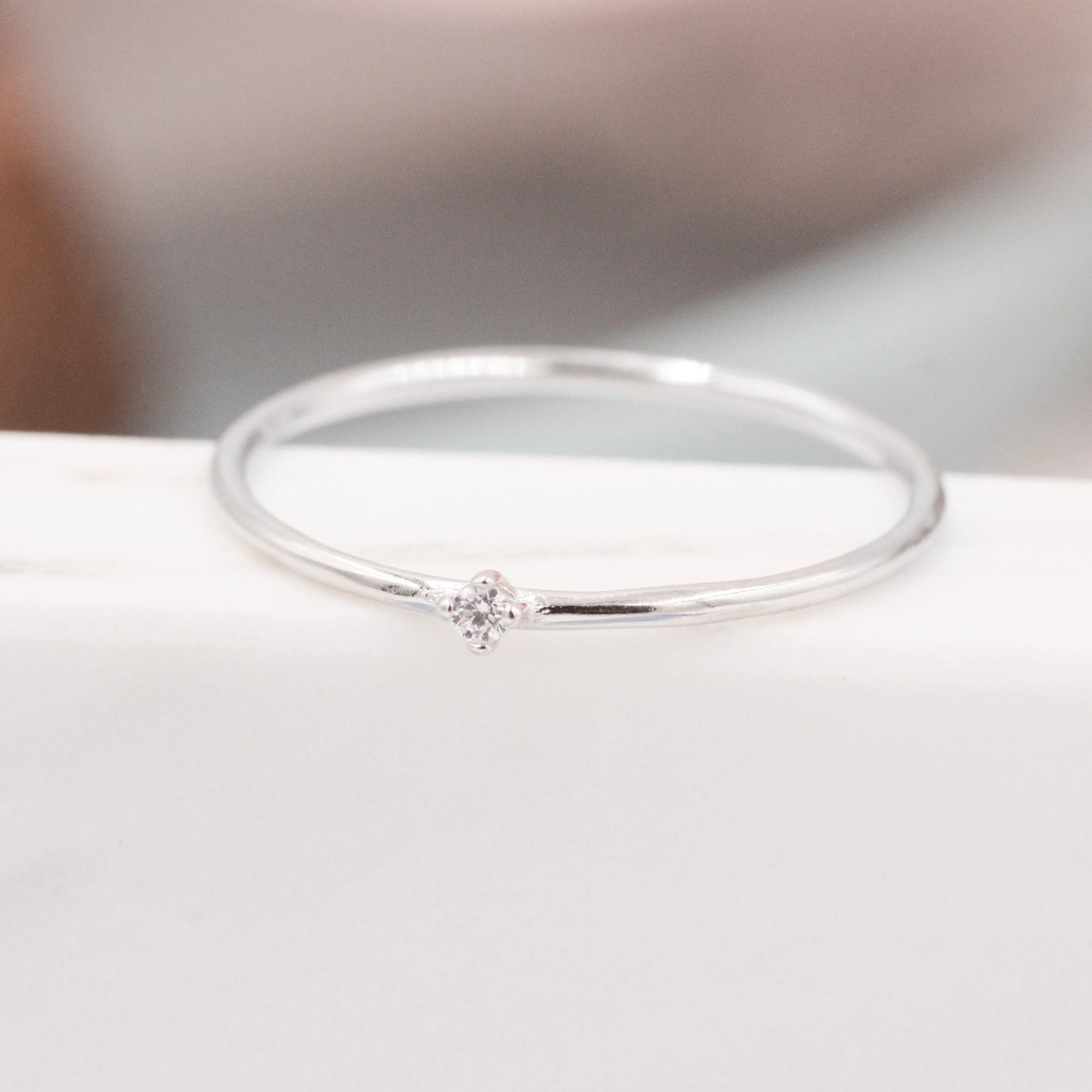 Extra Fine Single CZ Ring in Sterling Silver, Extra Skinny Stacking Rings,  US 4 5 6 7 Sized Delicate Rings,