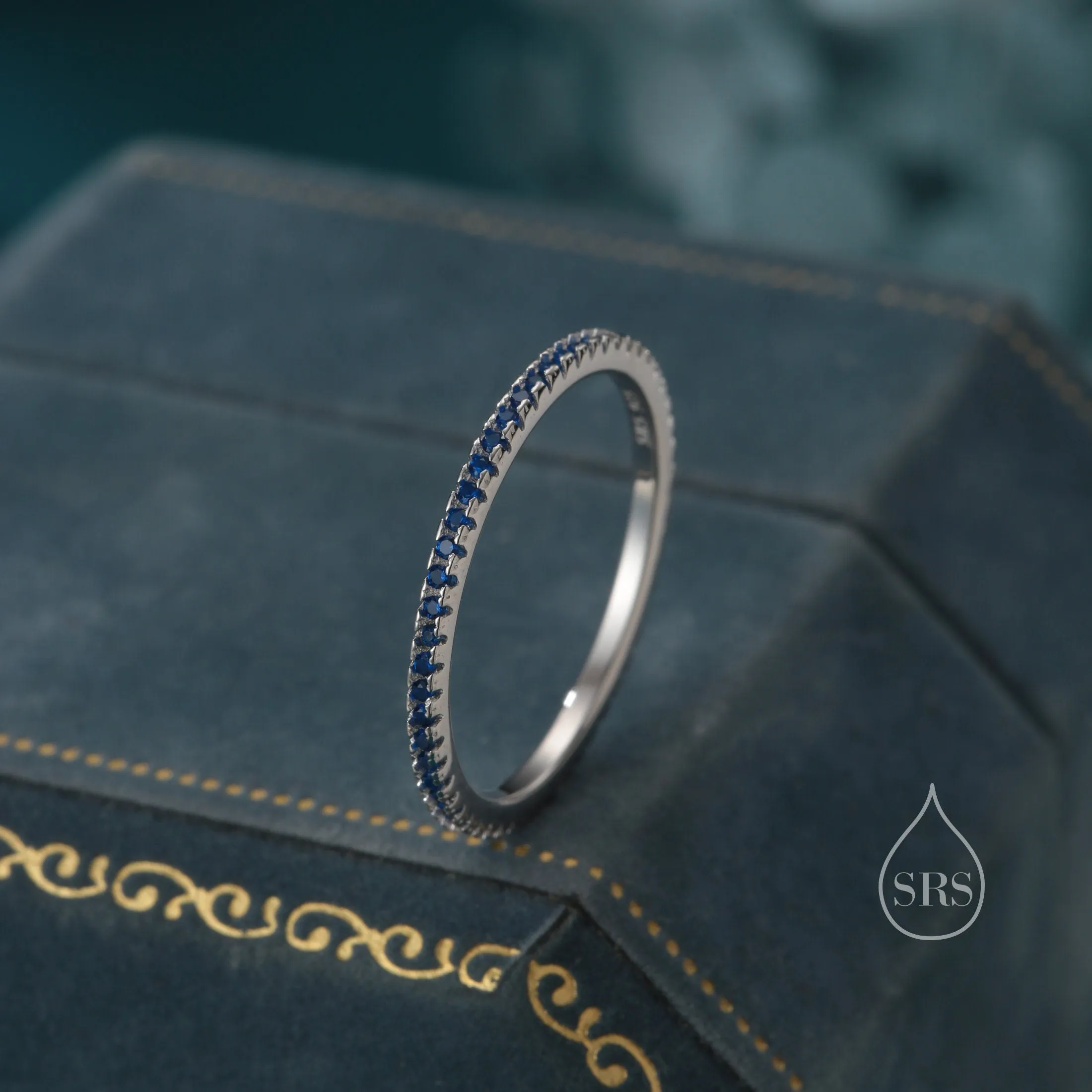Extra Skinny Sapphire Blue CZ Pave Ring in Sterling Silver,  Silver or Gold, Eternity Ring, US 5 - 8