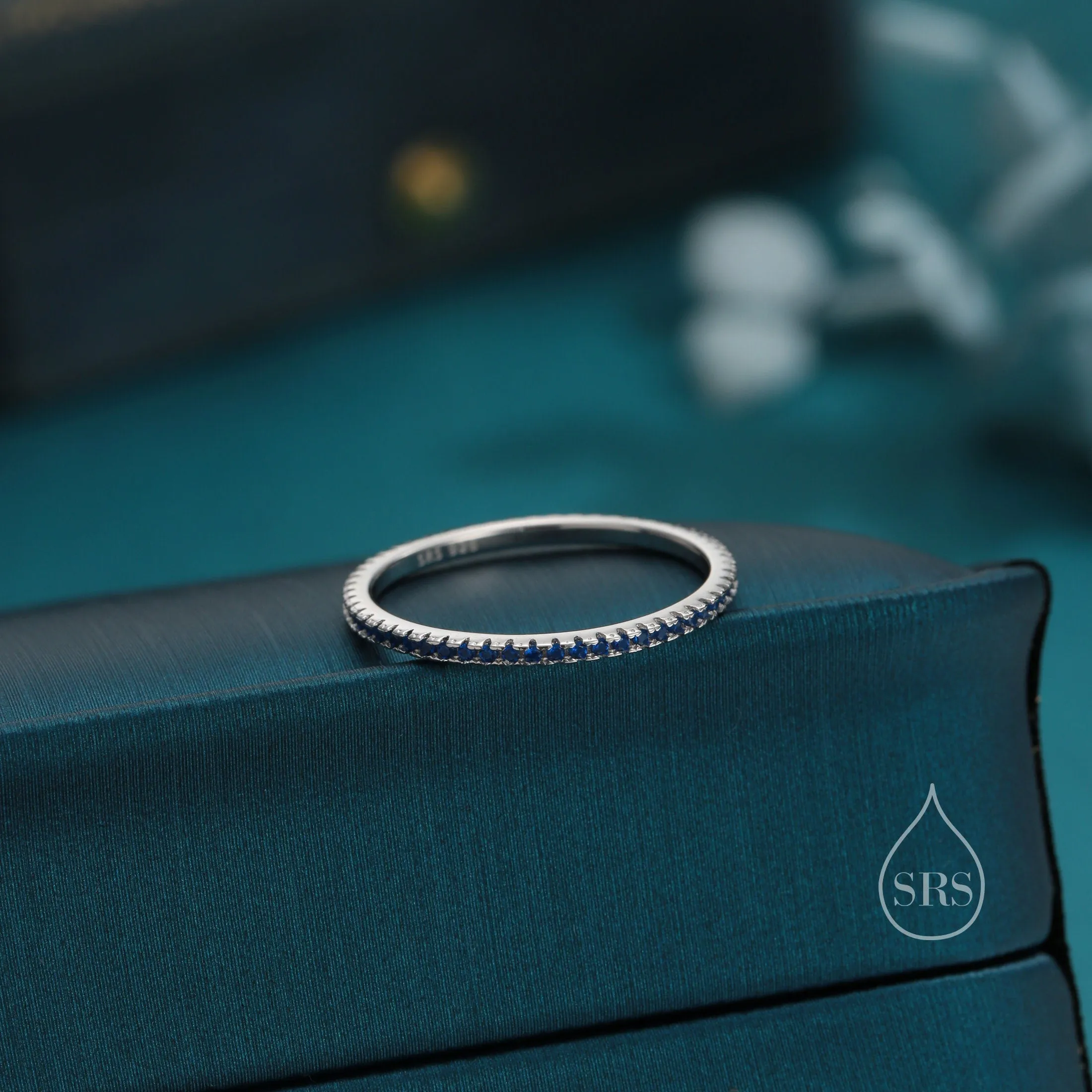 Extra Skinny Sapphire Blue CZ Pave Ring in Sterling Silver,  Silver or Gold, Eternity Ring, US 5 - 8