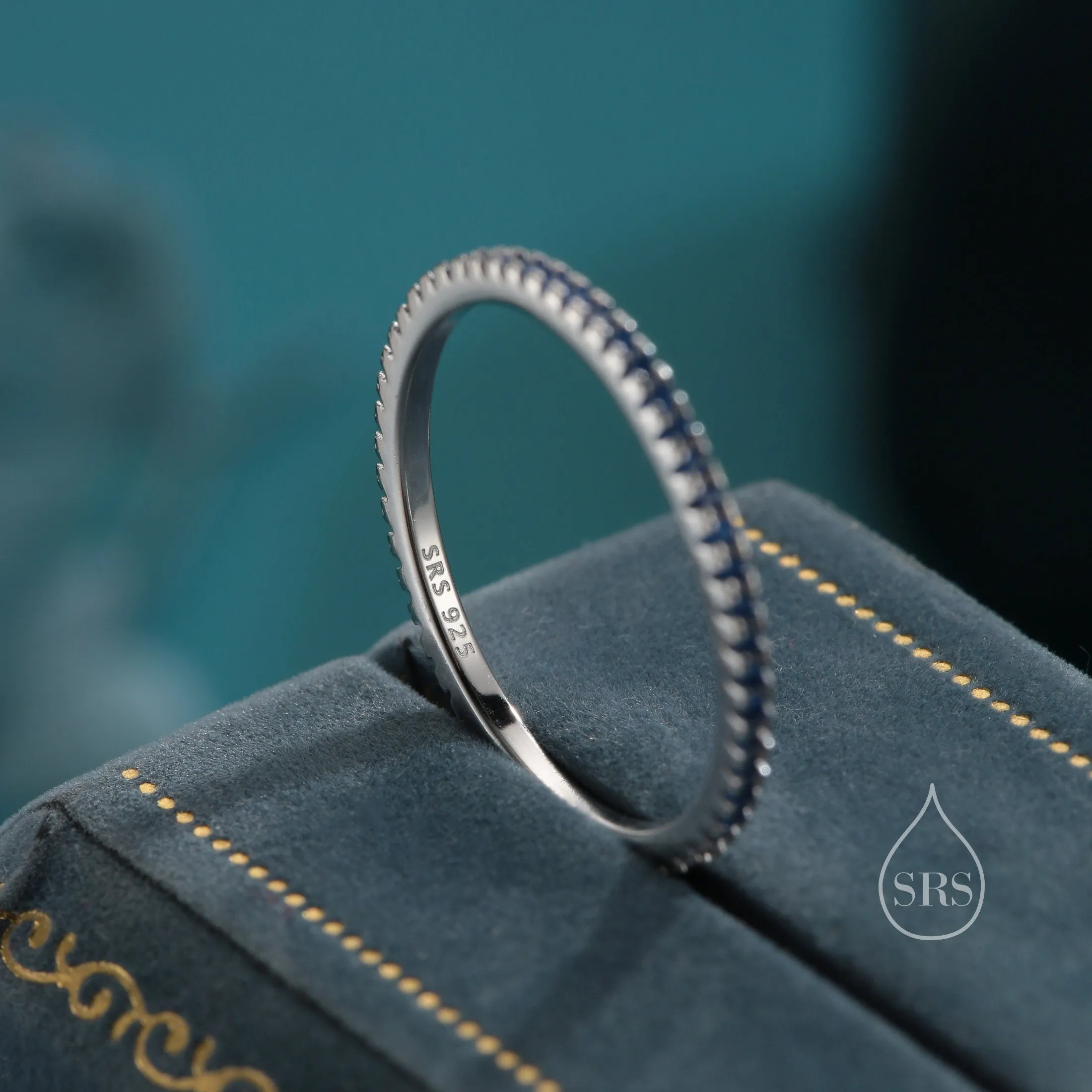 Extra Skinny Sapphire Blue CZ Pave Ring in Sterling Silver,  Silver or Gold, Eternity Ring, US 5 - 8