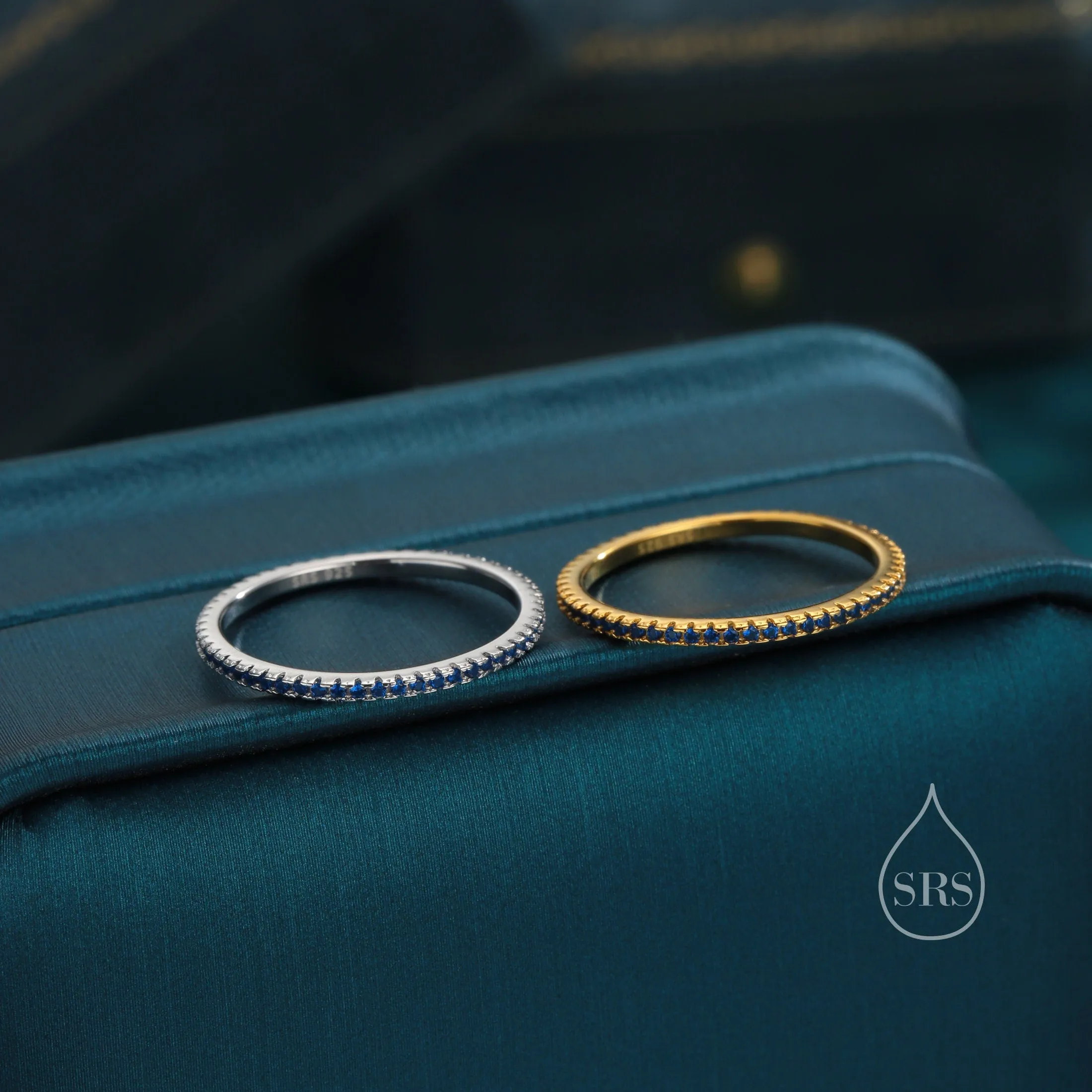 Extra Skinny Sapphire Blue CZ Pave Ring in Sterling Silver,  Silver or Gold, Eternity Ring, US 5 - 8