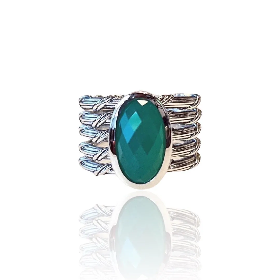 Fantasies 5 Row Cocktail Ring in sterling silver with green chalcedony