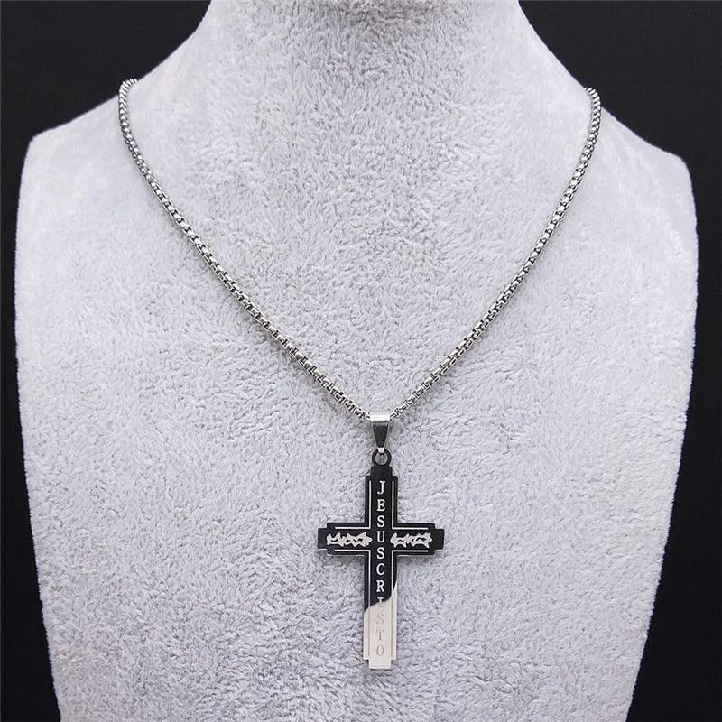 Fashion Cross Stainless Steel Statement Necklace for Men - Silver Colour Necklaces Pendants Jewellery