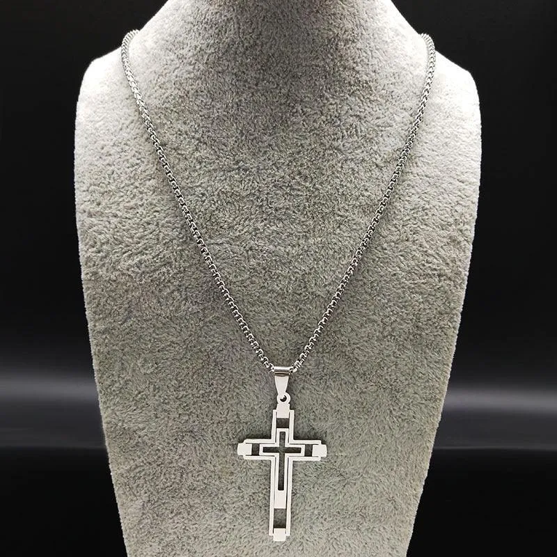 Fashion Cross Stainless Steel Statement Necklace for Men - Silver Colour Necklaces Pendants Jewellery
