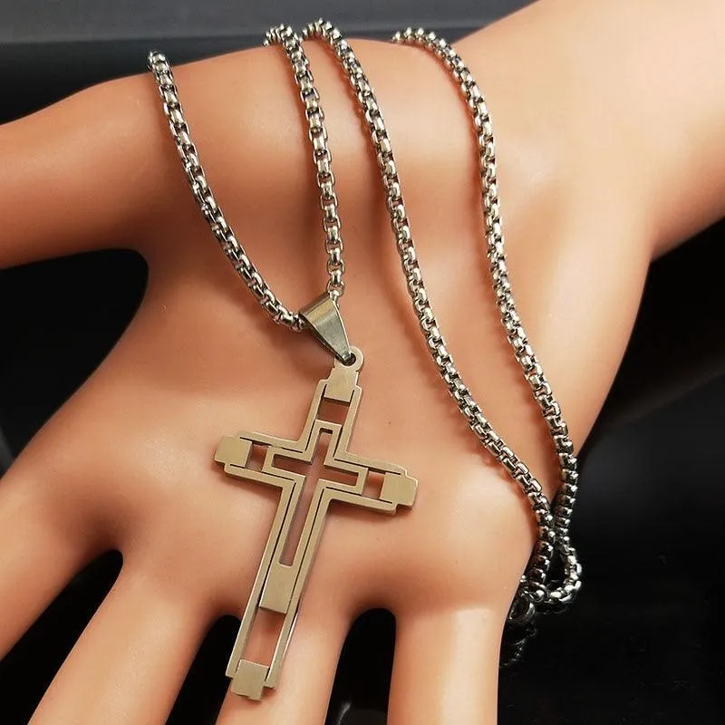Fashion Cross Stainless Steel Statement Necklace for Men - Silver Colour Necklaces Pendants Jewellery