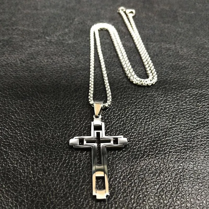 Fashion Cross Stainless Steel Statement Necklace for Men - Silver Colour Necklaces Pendants Jewellery