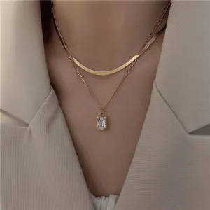 Fashion Fine Jewelry 2 Layer Geometry Embedded Zircon Charms Chain Choker Necklaces Pendant For Women