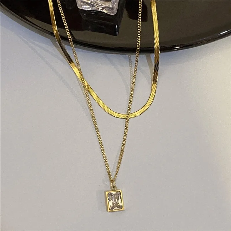 Fashion Fine Jewelry 2 Layer Geometry Embedded Zircon Charms Chain Choker Necklaces Pendant For Women