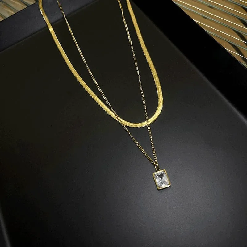 Fashion Fine Jewelry 2 Layer Geometry Embedded Zircon Charms Chain Choker Necklaces Pendant For Women
