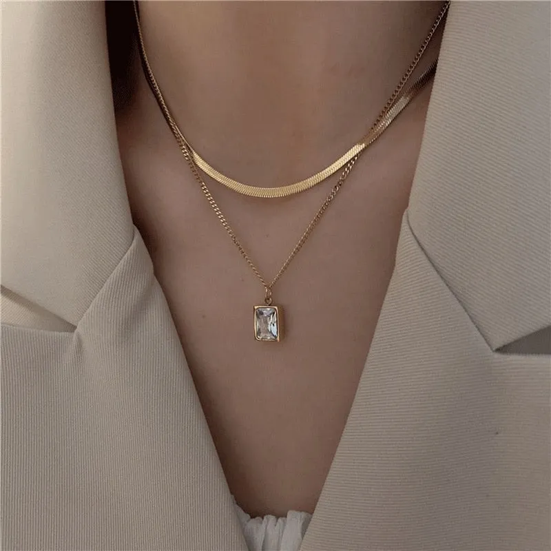 Fashion Fine Jewelry 2 Layer Geometry Embedded Zircon Charms Chain Choker Necklaces Pendant For Women