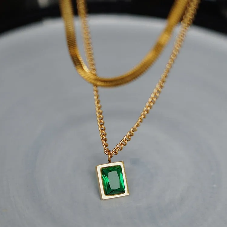 Fashion Fine Jewelry 2 Layer Geometry Embedded Zircon Charms Chain Choker Necklaces Pendant For Women