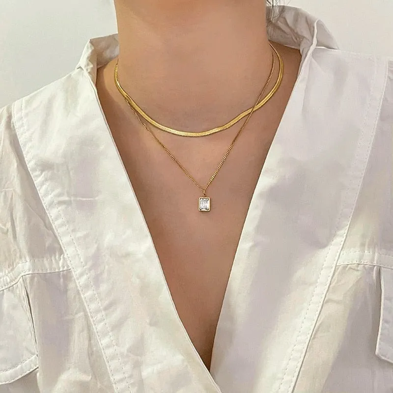 Fashion Fine Jewelry 2 Layer Geometry Embedded Zircon Charms Chain Choker Necklaces Pendant For Women