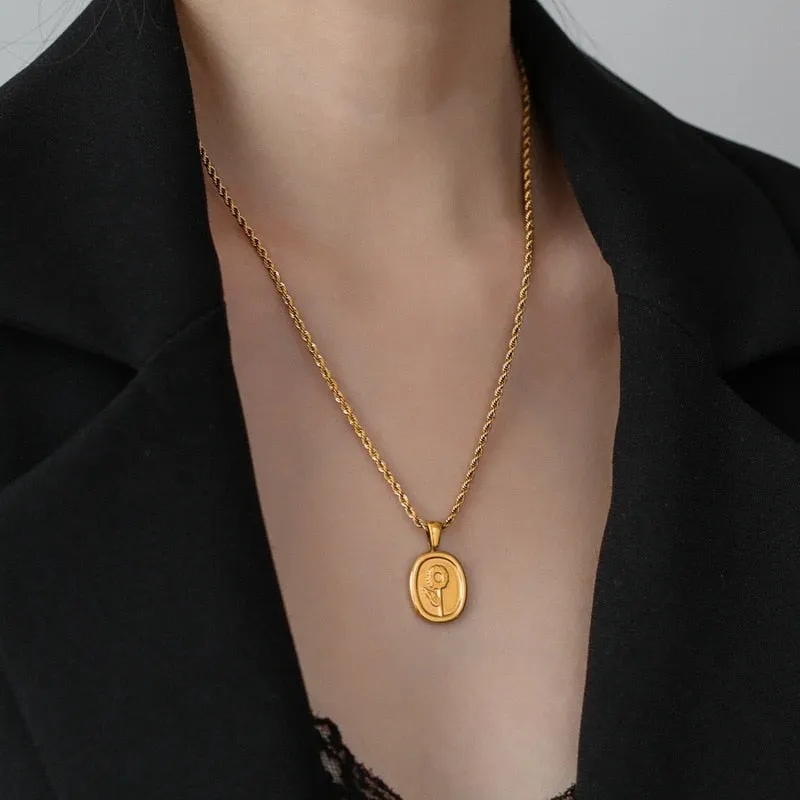 Fashion Fine Jewelry Vintage Oval Tag Flowers Charms Thick Chain Choker Necklaces