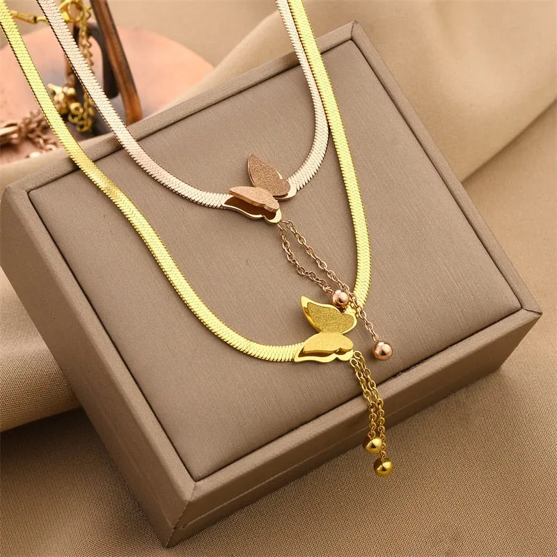 Fashion Matte 2-layer Butterfly Choker Charms Snake Bone Chain Necklaces Pendants For Women