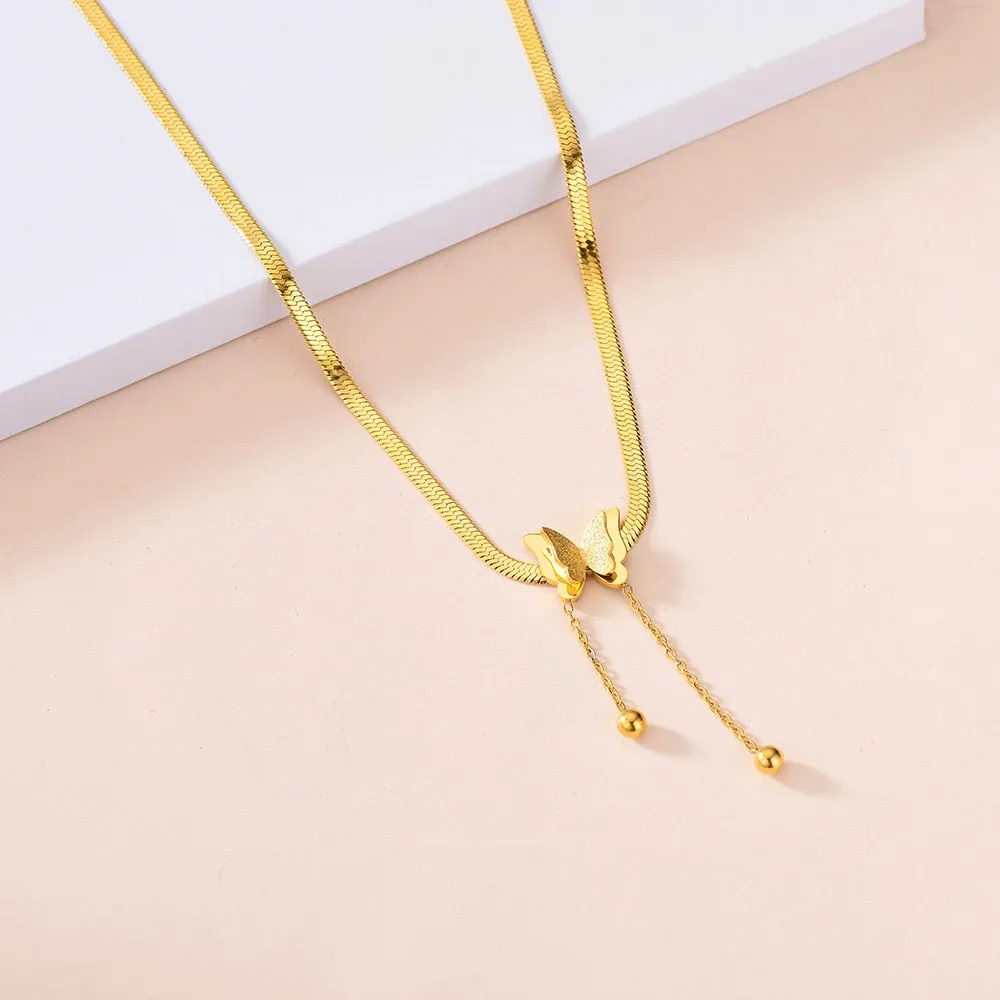 Fashion Matte 2-layer Butterfly Choker Charms Snake Bone Chain Necklaces Pendants For Women