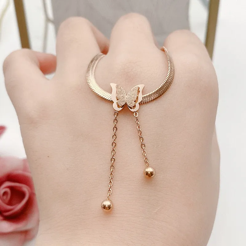 Fashion Matte 2-layer Butterfly Choker Charms Snake Bone Chain Necklaces Pendants For Women