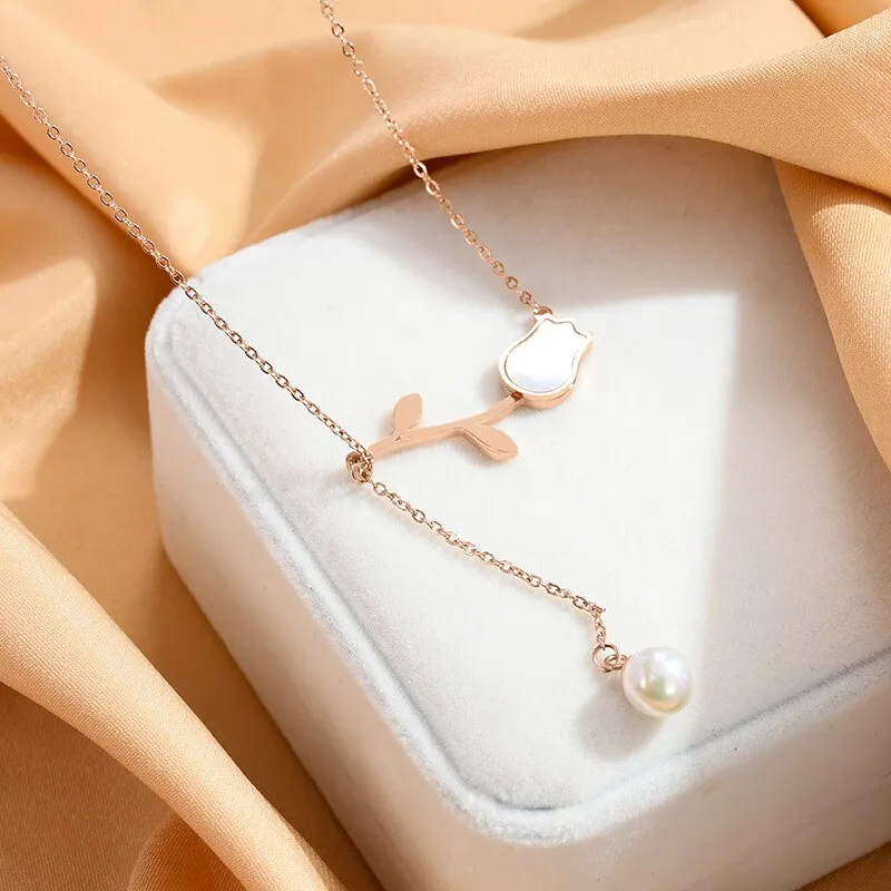 Fashion  Shell Pearl Tassel vintage Tulip Charms Chain Choker Necklace Pendant For Women