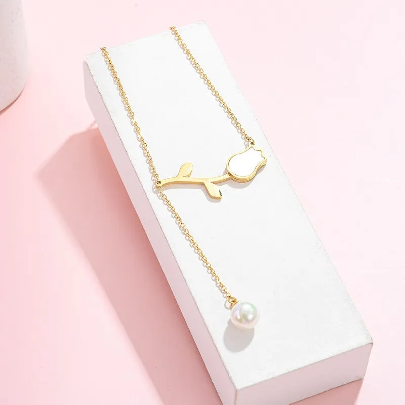Fashion  Shell Pearl Tassel vintage Tulip Charms Chain Choker Necklace Pendant For Women